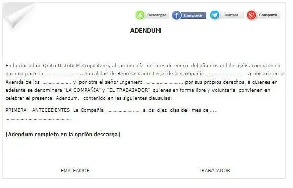 Adendum al contrato de trabajo – Modelo